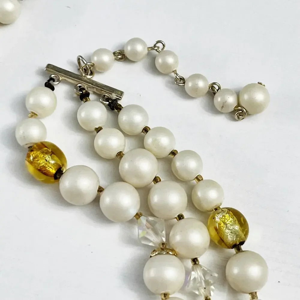 Vintage Mid-Century 3-Strand Faux Pearl Gold & AB Necklace